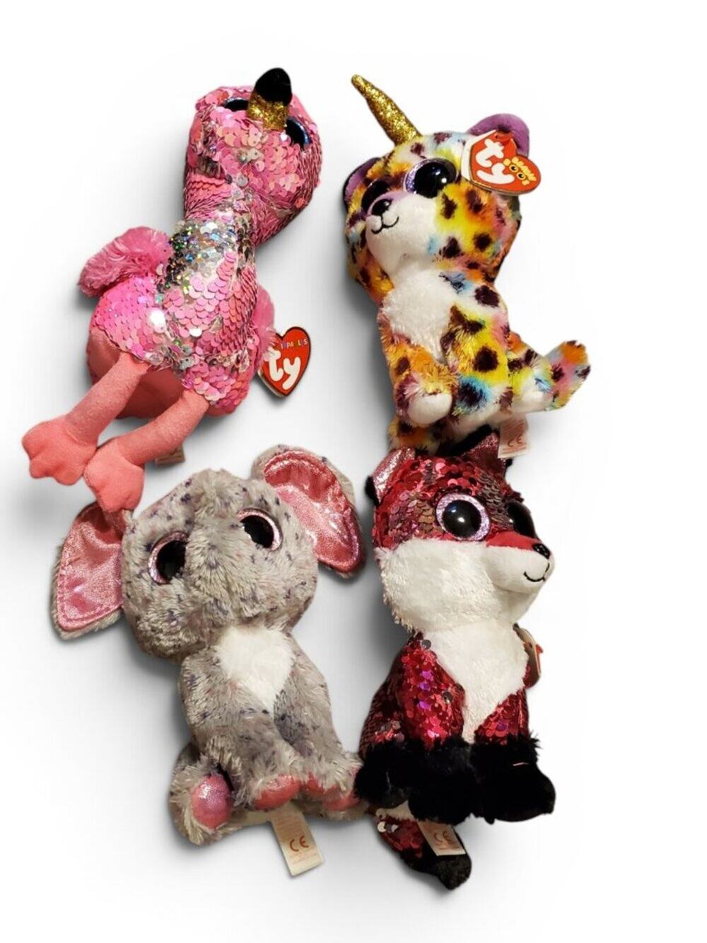 Lot of 4 Beanie Boos Flamingo Unicorn Tiger Elephant Flippable Stuffed Toy Plush